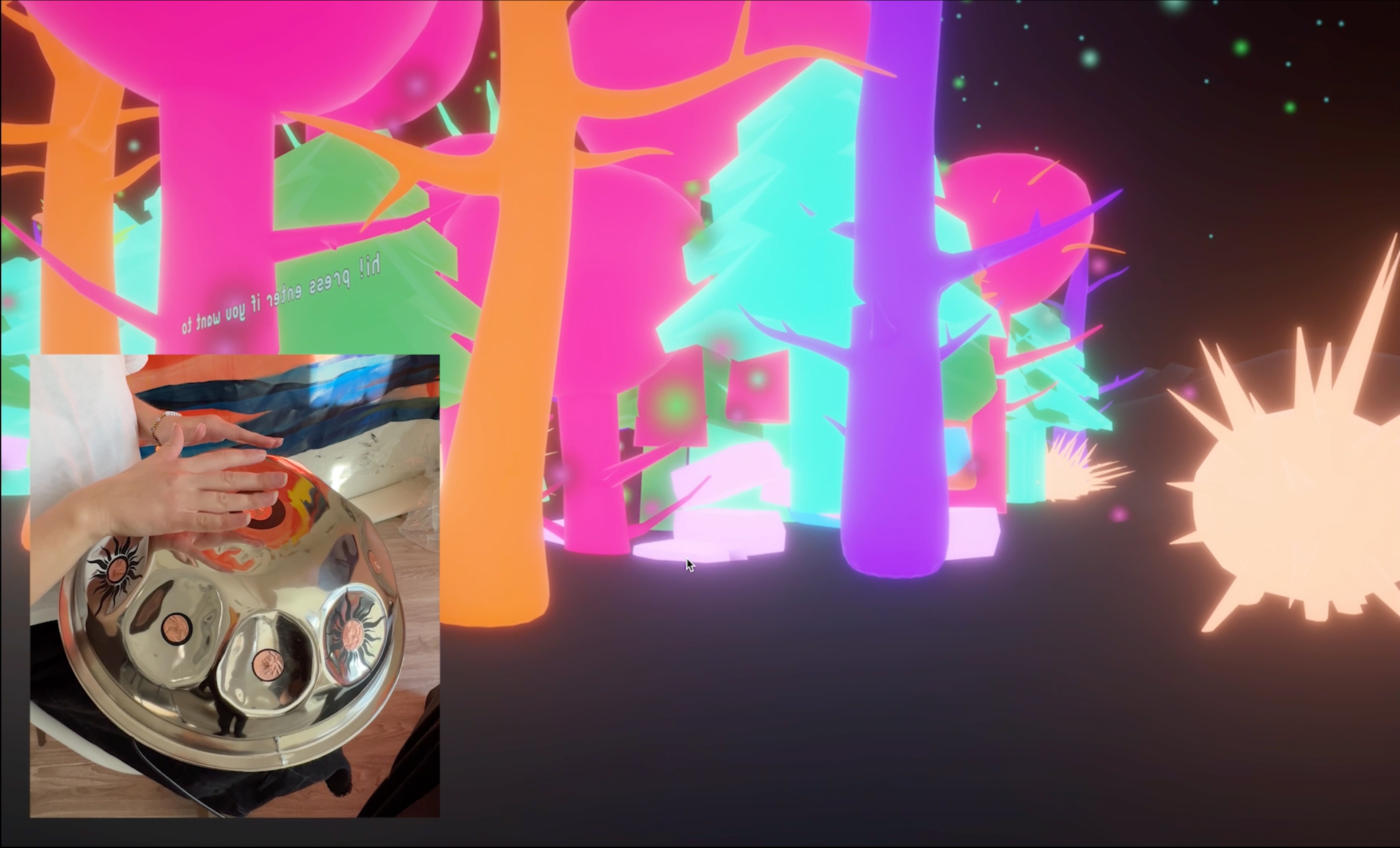 An interactive 3D game. In front of the projection is a wide white bench and a musical instrument on a white podium.